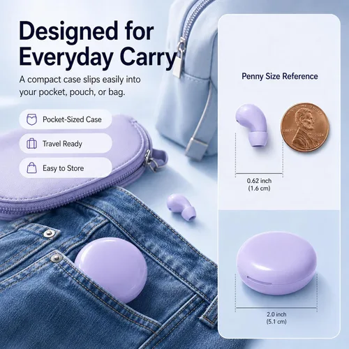 Vista 7 de Auriculares Bluetooth invisibles para orejas pequeñas, auriculares inalámbricos discretos, morado, funda de carga con pantalla LED inteligente
