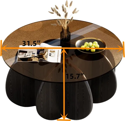 Vista 7 de Mesa de centro redonda de 31.5 pulgadas con parte superior de vidrio templado, mesa de cóctel moderna de mediados de siglo con base inspirada