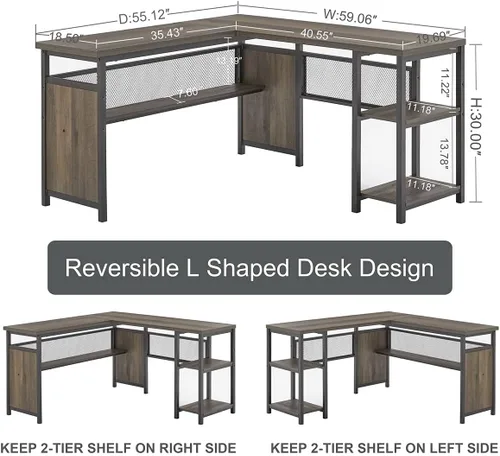 Vista 2 de FATORRI Escritorio para computadora en forma de L y mesa consola para sala de estar (marrón nogal)