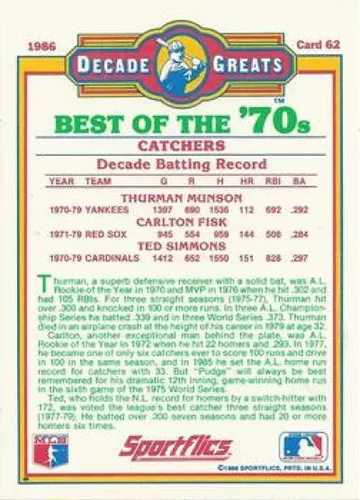Vista 2 de 1986 Sportflic Decade Greats #62 Best 70's Catchers - Thurman Munson/Carlton Fisk/Ted Simmons New York Yankees/Boston Red Sox/St. Louis Cardinals