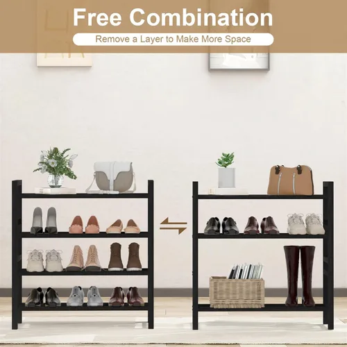 Vista 9 de Zapatero de bambú organizador de zapatos de pie libre, negro, 4 niveles Marrón