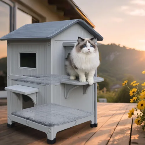 Vista 12 de Casa aislada para gatos al aire libre resistente a la intemperie para gatos múltiples felinos, refugio elevado de plástico de 2 pisos con puerta