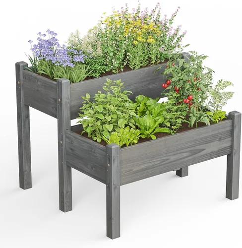 Vista 8 de Giantex Juego de 2 camas de jardín elevadas, caja de madera elevada, kit de cama elevada para flores, verduras, frutas, hierbas, contenedor de Gris