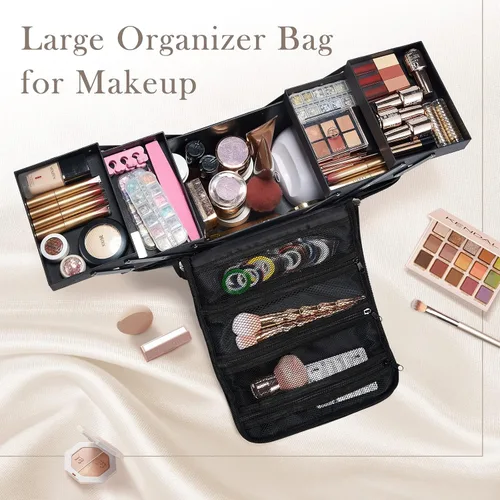 Vista 6 de Yueieoun Estuche de Maquillaje Grande para Tren, Organizador de Maquillaje, Caja de Maquillaje, Estuche Cosmético Suave de 4 Niveles para Maquillaje