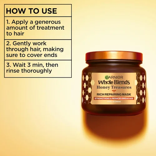 Vista 6 de Garnier Whole Blends Honey Treasures Máscara reparadora para cabello seco y dañado, 11.5 onzas líquidas, 2 unidades (el embalaje puede variar)