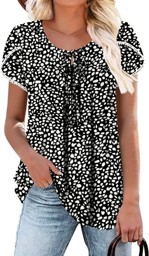 Vista 10 de BETTE BOUTIK Blusas de verano para mujer, plisadas, de manga corta, con cordón, cuello redondo, tallas S-3XL