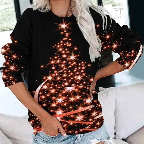 Vista 2 de Sudaderas de mujer para Navidad con patrón de reno brillante, blusa de manga larga, holgada, de Navidad