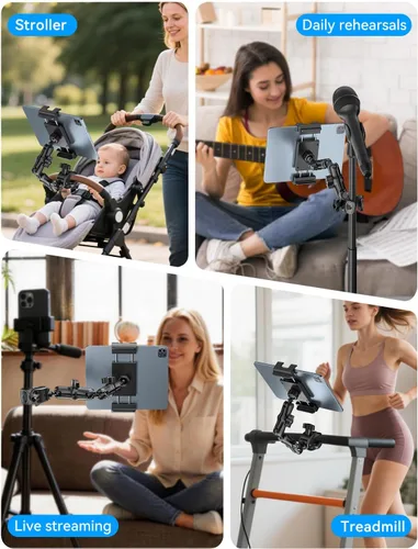 Vista 6 de PLDHPRO Soporte para iPad para Soporte de Micrófono, Soporte Ajustable de 2 Etapas Más Largo para Teléfono Tableta Música Micrófono, Montaje que se