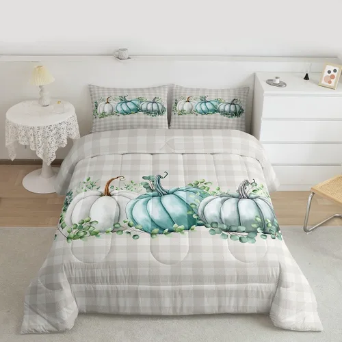 Vista 7 de Juego de edredón de calabaza de otoño, tamaño individual, juego de ropa de cama de hojas de arce para niños y niñas, cosecha de otoño, fruta