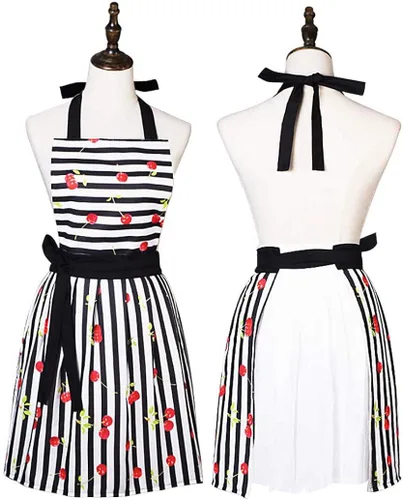 Vista 3 de Encantador y cómodo Claccic Negro Rayas y Moda Cereza Falda Delantal Mujer Cocina Mujer Delantal para damas Niñas Esposa Hija (negro), Negro