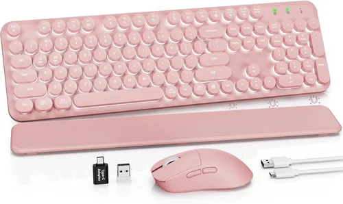 Vista 21 de Combo de teclado y mouse inalámbricos, teclado retro con teclas redondas, teclado estilo máquina de escribir de tamaño completo con reposamuñecas