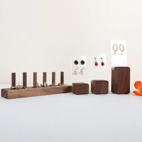 Vista 6 de GemeShou Soportes de exhibición de pendientes de madera de nogal para espectáculos, soporte de aretes acrílico para vender joyas, pequeños soportes