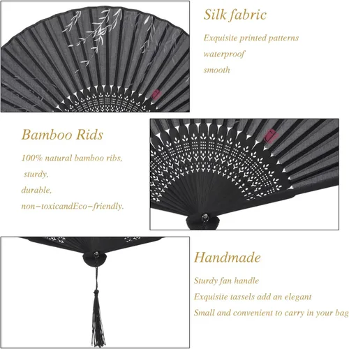 Vista 2 de QIRMIZI 5 ventiladores de mano – Elegantes ventiladores plegables de seda con marcos de bambú, ventilador plegable de flecos huecos, ventilador