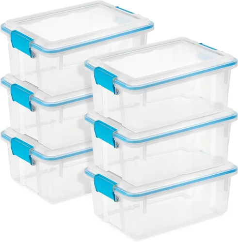 Vista 36 de Sterilite 19414306 - Caja de almacenamiento de plástico transparente de 7.5 cuartos y tapa con pestillos azules