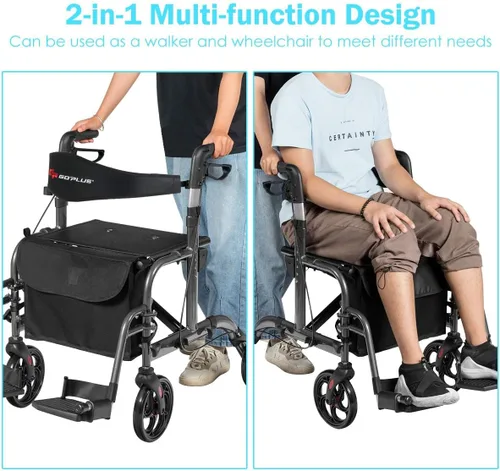Vista 4 de GOPLUS Andadores con ruedas 2 en 1 para personas mayores, andador plegable con asiento, rueda de 8 pulgadas, combinación de andador médico y silla