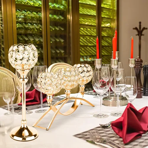 Vista 4 de Portavelas de cristal dorado decorativos con candelabro de 3 brazos, soporte para velas, pieza central de mesa, decoración para mesa de comedor