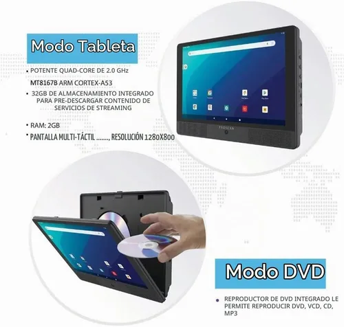 Vista 6 de Proscan Elite 10.1" 1280x800 IPS, Quad Core Tablet/DVD portátil Combo 2GB/32GB Almacenamiento Android 11, cámara frontal de 2 mp, 1 puerto HDMI