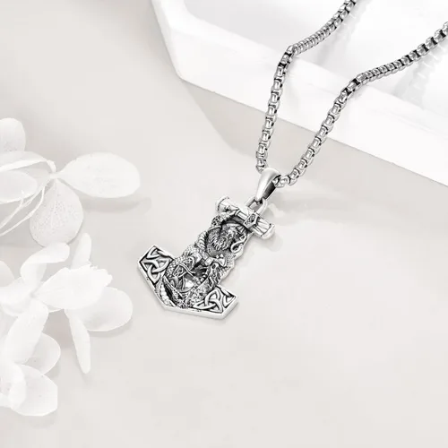 Vista 3 de YFN Collar vikingo de plata de ley con colgante de talismán nórdico Vegvisir, joyería vikinga, regalo gótico de bruja para mujeres y hombres