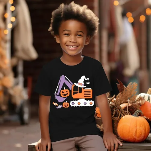 Vista 4 de Camiseta espeluznante que brilla en la oscuridad, manga corta, diseño de excavadora, para niñas, para fiesta de calabaza, Halloween