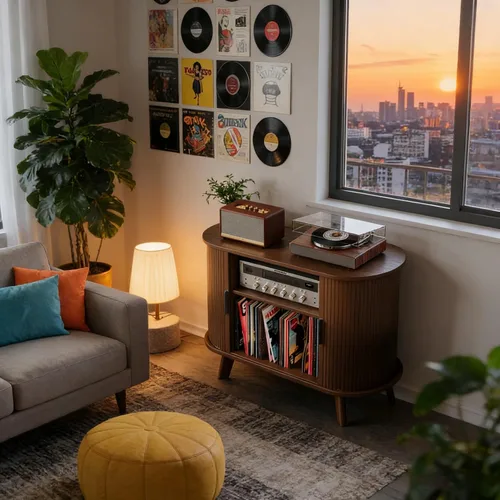 Vista 9 de Soporte para tocadiscos, mueble moderno de mediados de siglo con puertas correderas, gabinete de estantería de audio-video, soporte de medios