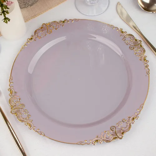 Vista 28 de Paquete de 10 platos redondos de plástico barroco dorado de 8 pulgadas para ensalada de postre, vajilla desechable con borde dorado en relieve