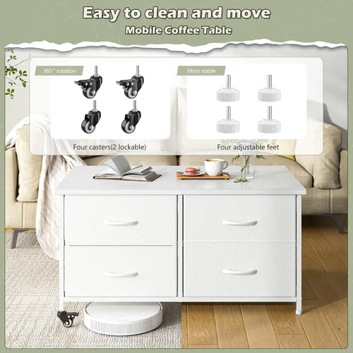 Vista 6 de EnHomee - Mesa de café con almacenamiento, mesas de café modernas para sala de estar con 4 ruedas, mesa central con cajón de tela y gran espacio