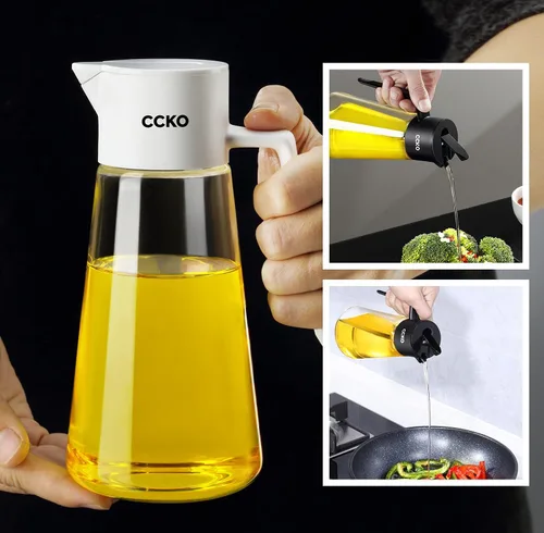 Vista 5 de CCKO Botella dispensadora de aceite de oliva de vidrio con boquilla abatible automática de 19 onzas para cocina, dispensador de aceite de cocina sin