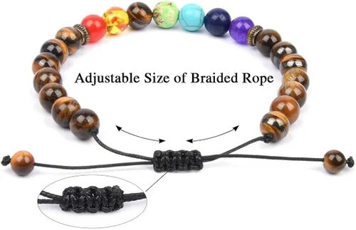 Vista 8 de Brazalete GelConnie de piedras de lava, 7 chakras, 0.32 pulgadas, piedra natural, para curación, alivio del estrés, yoga, ansiedad, aromaterapia