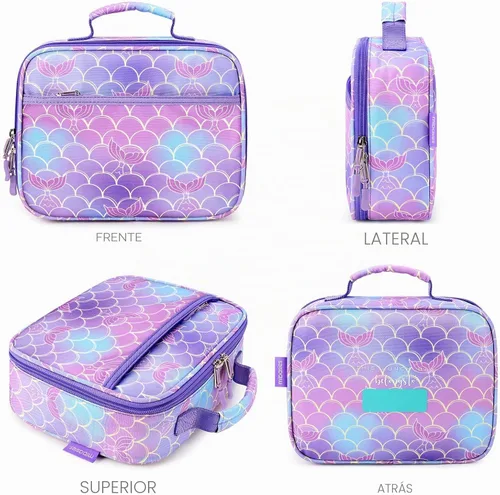 Vista 6 de Lonchera infantil para niñas pequeñas, bolsa de almuerzo aislada y reutilizable para la escuela, cola de sirena
