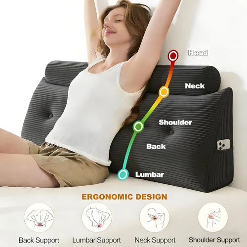 Vista 3 de Almohada de Cabecera Individual, Cojín Triangular en Forma de Cuña con Rodillo para el Cuello, Almohada de Apoyo para la Espalda con Funda Extraíble