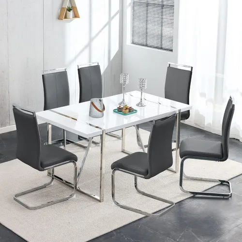 Vista 11 de Juego de sillas de mesa de comedor para 4, mesa de cocina rectangular moderna de 55 pulgadas con sillas acolchadas de cuero, juego de mesa de Negro