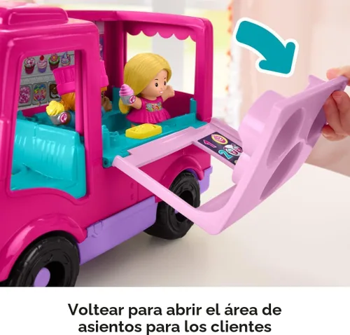 Vista 4 de Fisher-Price Little People Barbie Camion de Cupcakes Musical - Juego de juguete con 9 piezas para juego de simulación para niños de 18+ meses