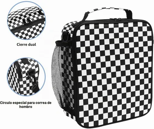 Vista 2 de Lonchera con patrón de cuadros blancos y negros, bolsa de almuerzo aislada, bolsa de preparación para niños, correa de hombro congelable a001