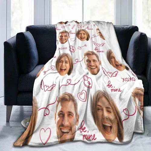 Vista 5 de Manta de fotos personalizada para parejas, 30 x 40 pulgadas, divertida manta de franela de forro polar suave con patrón de corazón sin costuras