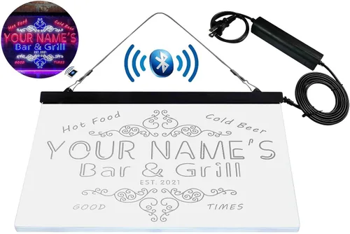 Vista 8 de Letrero de luz de neón LED tricolor personalizado para bar y parrilla, nombre personalizado, fecha, texto, cita, fuente blanco, azul y rojo, 17.7 x