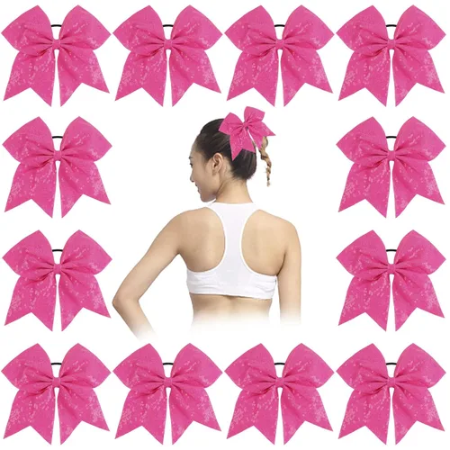 Vista 21 de Oaoleer 12 lazos grandes con purpurina para el pelo de 7 pulgadas, banda elástica hecha a mano para animadoras, adolescentes, niñas, deportes Negro
