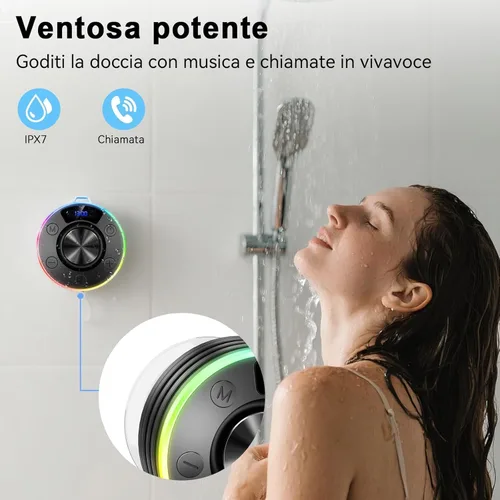 Vista 4 de Altavoz Bluetooth de ducha, IPX7 impermeable altavoces Bluetooth portátiles con ventosa, pantalla digital, graves ricos en sonido estéreo, clip