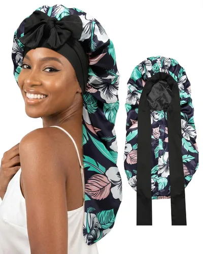 Vista 14 de AWAYTR Gorro largo de satén para mujer, gorro de seda elástica de doble capa para trenzas, gorro de dormir con banda de amarre (negro)