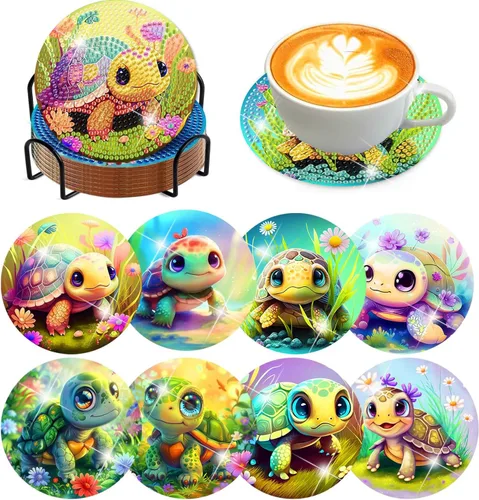 Vista 11 de Meothan Juego de 8 posavasos de arte de diamante para adultos con soporte, almohadillas de corcho, posavasos de arte de puntos de diamante de vidrio