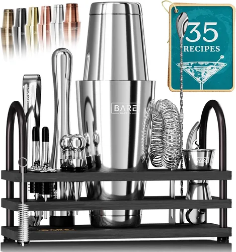 Vista 14 de BARE BARREL Mixology Bartender Kit Bar Set Juego de coctelera de 14 piezas Herramientas de mezcla de Martini Barware para el hogar 35 tarjetas