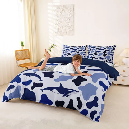 Vista 2 de Manfei Juego de funda de edredón de camuflaje de animales marinos, tamaño individual, juego de ropa de cama de camuflaje de tiburones y ballenas