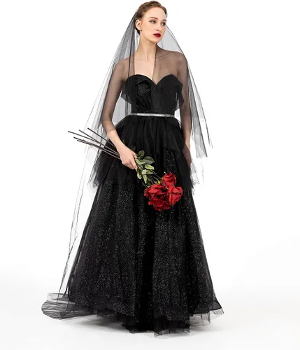 Vista 6 de PAMOR Velo de encaje negro creativo catedral tul transparente boda Halloween velo para novia con peine de metal cosido a mano