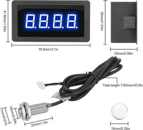 Vista 11 de EEEkit Tacómetro de 4 dígitos con LED azul, medidor de velocidad RPM digital para motores con sensor Hall NPN de interruptor de proximidad