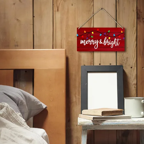 Vista 2 de PHAMTE Letreros de Navidad con texto en inglés «Merry And Bright», de madera de bienvenida, de madera, rústico, festivo, de 12 x 6 pulgadas