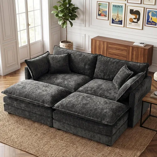 Vista 67 de Sofá individual modular de chenilla con otomana, sofá nube con almohada, color beige