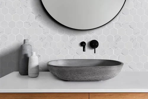 Vista 4 de 5 hojas de mosaico de mármol de ingeniería para salpicadero de cocina, piso de baño, colección hexagonal de 2", hexágono de 2"X2", 12"X12"X5/16