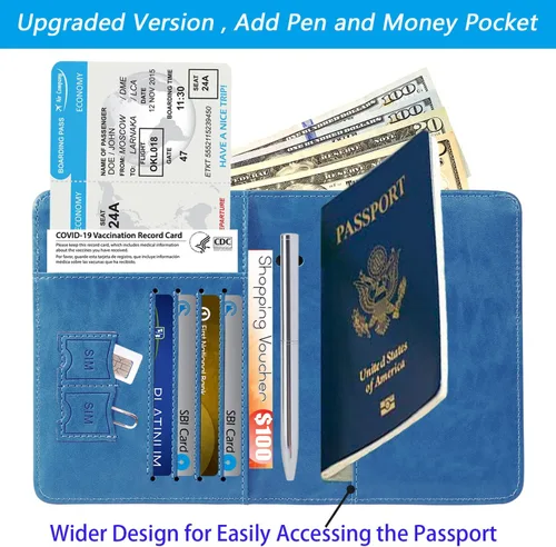 Vista 2 de Funda para pasaporte, cartera, artículos esenciales de viaje, con bloqueo RFID, funda de piel para tarjetas de viaje internacionales, accesorios