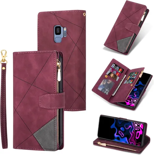 Vista 11 de UEEBAI Funda tipo cartera para Samsung Galaxy S9 Plus, Retro 9 ranuras para tarjetero con cremallera, bolsillo de piel sintética, cierre magnético