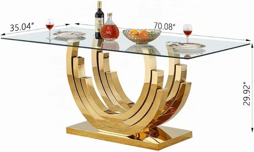 Vista 2 de Mesa de comedor grande de vidrio de 70 pulgadas, moderna mesa de comedor rectangular con parte superior de vidrio templado de 0.39 pulgadas y patas