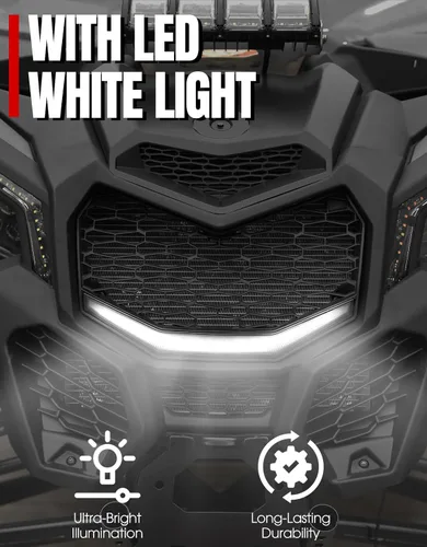 Vista 5 de A & UTV PRO X3 Parachoques delantero de malla, rejilla de malla frontal con barra de luces LED, protector de radiador para Can-Am Maverick X3 Max X